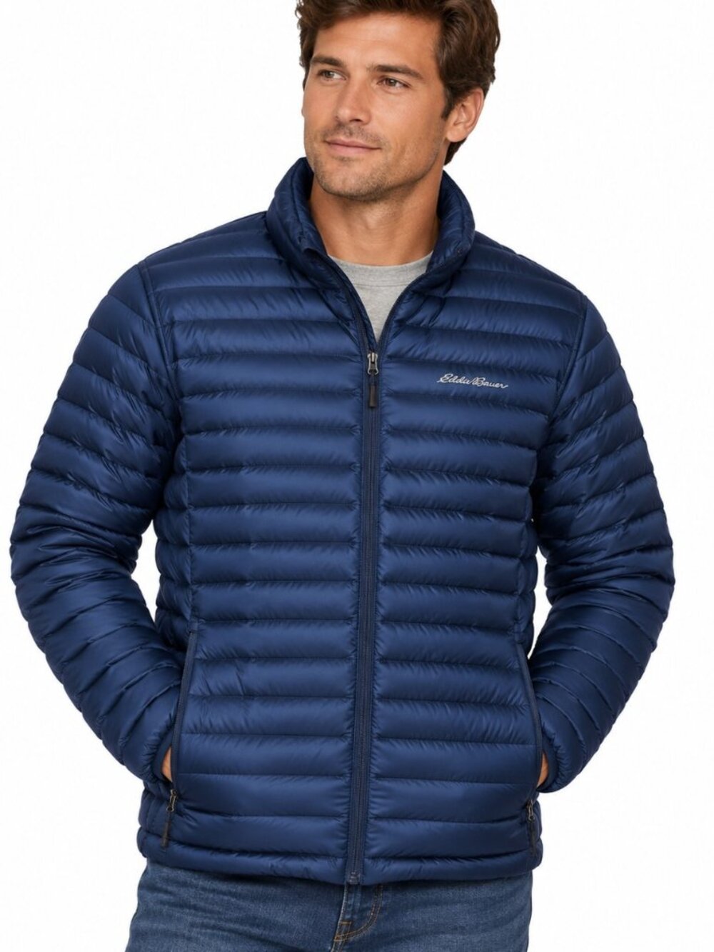 Eddie Bauer Down Puffer Jacket Mens XL Navy Blue Quilted Full Zip Packable Coat